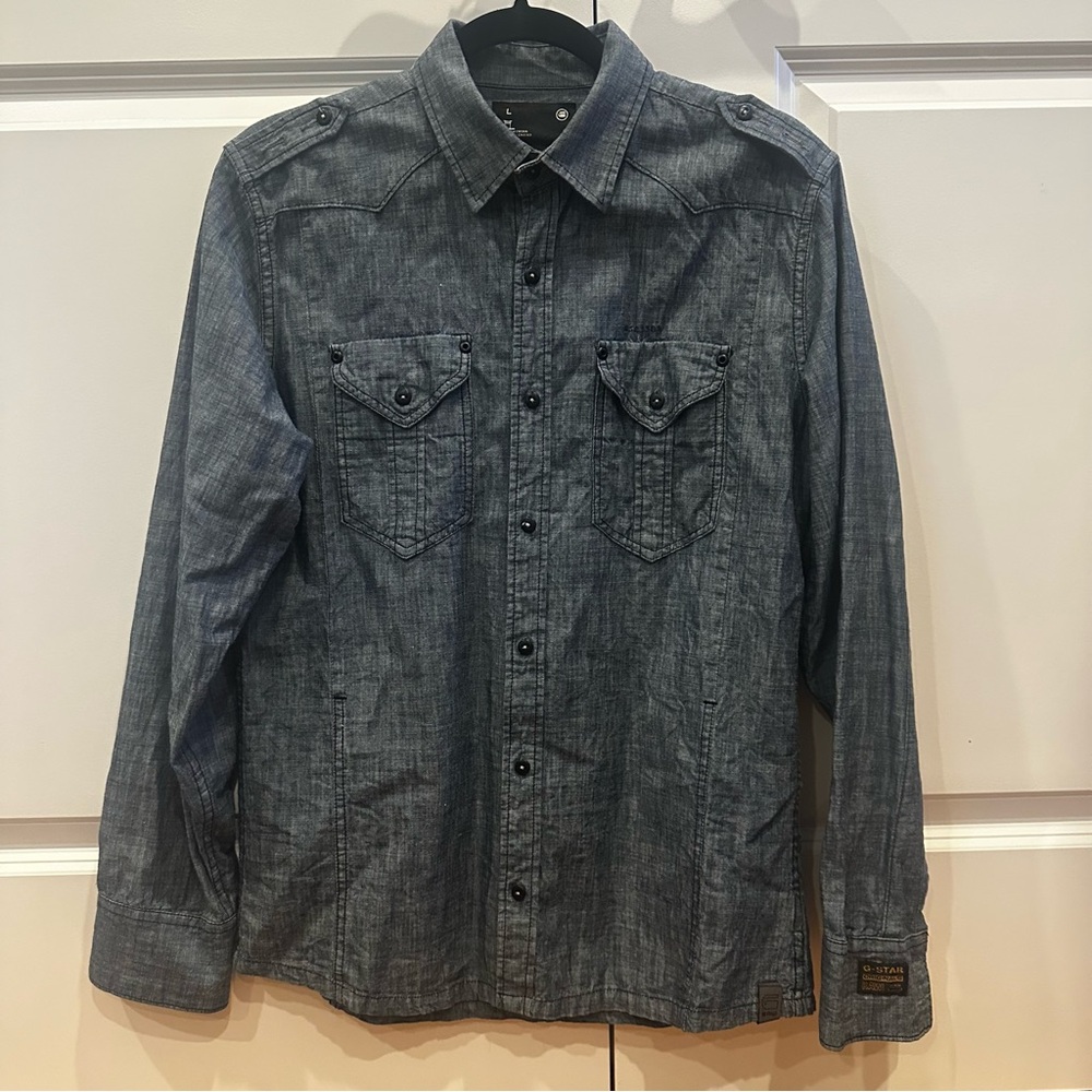 G STAR - Men’s Blue Denim Button Down Shirt with Decorative Stitching